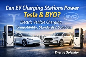 A complete guide to electric vehicle charging stations, showing compatibility for Tesla, BYD, DC fast chargers, and commercial EV charging solutions from Chinese manufacturers like Energy Splendor.
