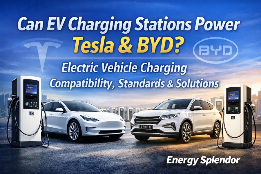A complete guide to electric vehicle charging stations, showing compatibility for Tesla, BYD, DC fast chargers, and commercial EV charging solutions from Chinese manufacturers like Energy Splendor.
