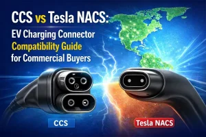 Illustration of EV charging compatibility for commercial buyers showing CCS and Tesla NACS connectors, DC fast charging stations, and EV infrastructure deployment across North and South America.