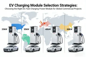 Professional DC fast charging modules (20kW, 30kW, 40kW, 60kW) displayed in a commercial EV charging station setting, showing modular power units with LCD displays and ventilation panels. Designed for global deployments across North America (USA, Canada, Mexico) and South America (Brazil, Argentina, Chile), supporting scalable, reliable, and efficient DC fast charging infrastructure for commercial projects.