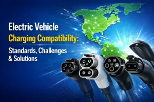 Electric vehicle charging compatibility overview showing CCS, Tesla NACS, and DC fast charging connectors used in commercial EV charging infrastructure across North and South America