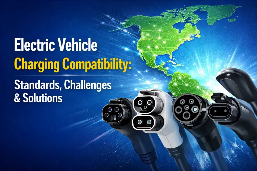 Electric vehicle charging compatibility overview showing CCS, Tesla NACS, and DC fast charging connectors used in commercial EV charging infrastructure across North and South America