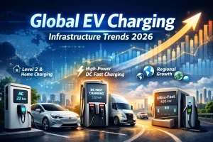 Global EV charging infrastructure trends 2026 showing Level 2 and DC fast charging stations manufactured by Energy Splendor, a factory EV charger manufacturer supplying wholesale and custom EV charging solutions for commercial, fleet, and public applications worldwide