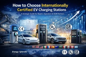 How to Choose Internationally Certified EV Charging Stations 2026, showing modern Level 2 AC and DC fast chargers by Energy Splendor, with CE, UL, and CSA certification, connected to mainstream European and American EVs, supporting residential, commercial, fleet, and public applications, manufactured for global supply, wholesale, OEM, and customized projects across USA, Canada, UK, Germany, France, Spain, Italy, Australia, Mexico, Argentina, Brazil