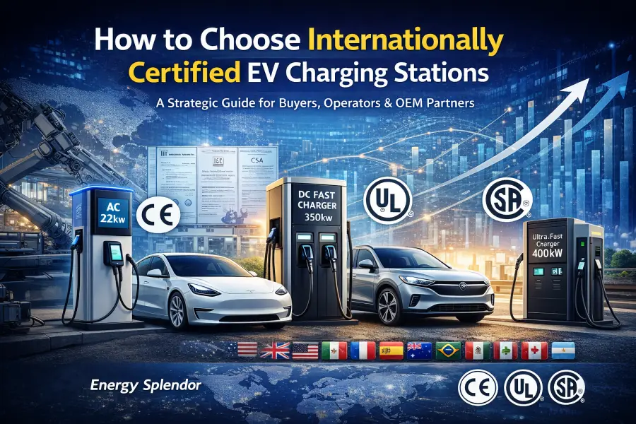 How to Choose Internationally Certified EV Charging Stations 2026, showing modern Level 2 AC and DC fast chargers by Energy Splendor, with CE, UL, and CSA certification, connected to mainstream European and American EVs, supporting residential, commercial, fleet, and public applications, manufactured for global supply, wholesale, OEM, and customized projects across USA, Canada, UK, Germany, France, Spain, Italy, Australia, Mexico, Argentina, Brazil