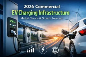 2026 commercial EV charging infrastructure market trends featuring high-power DC fast charging stations, scalable fleet charging systems, smart OCPP energy management platforms, and global B2B EV charger investment opportunities.