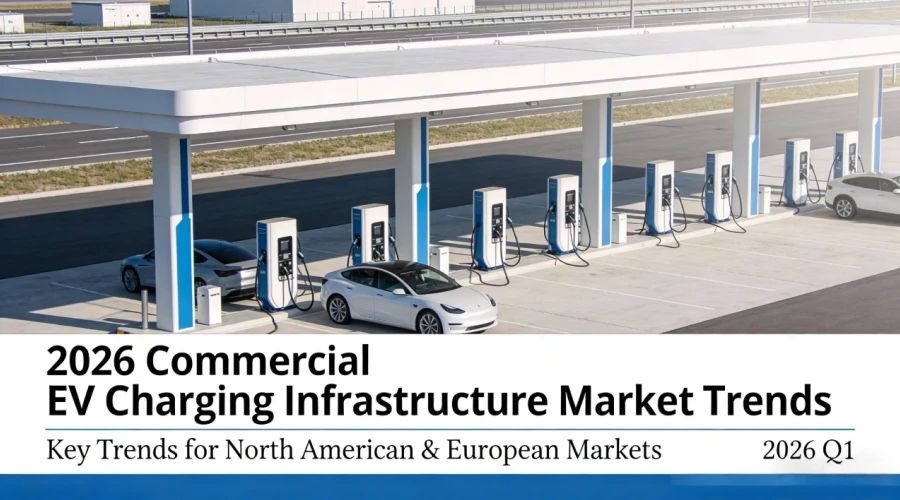 2026 commercial EV charging infrastructure market trends banner featuring high-power DC fast charging stations, fleet electric vehicles, renewable energy integration, and scalable smart charging solutions for global B2B investment and infrastructure deployment.