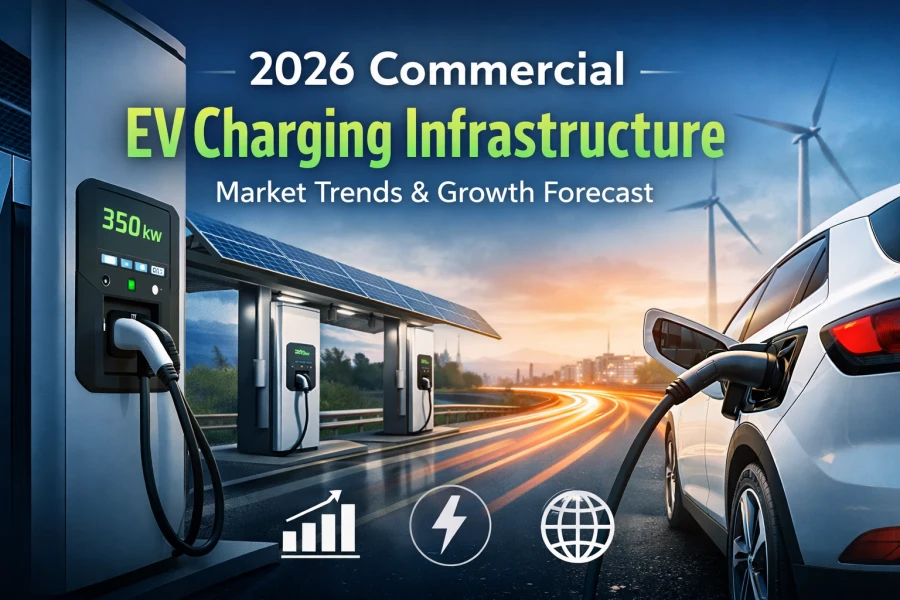 2026 commercial EV charging infrastructure market trends featuring high-power DC fast charging stations, scalable fleet charging systems, smart OCPP energy management platforms, and global B2B EV charger investment opportunities.