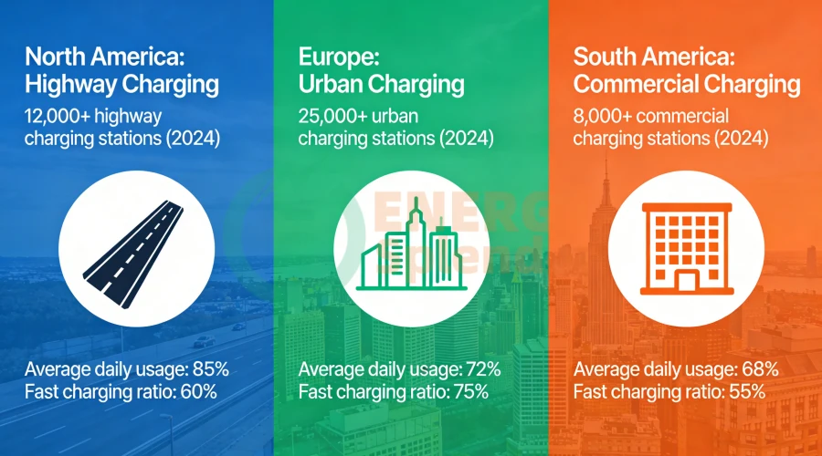 2026 regional EV charging market opportunities in North America, Europe, and South America featuring commercial DC fast charging stations, fleet depot charging infrastructure, scalable high-power EV chargers, and global B2B investment expansion.