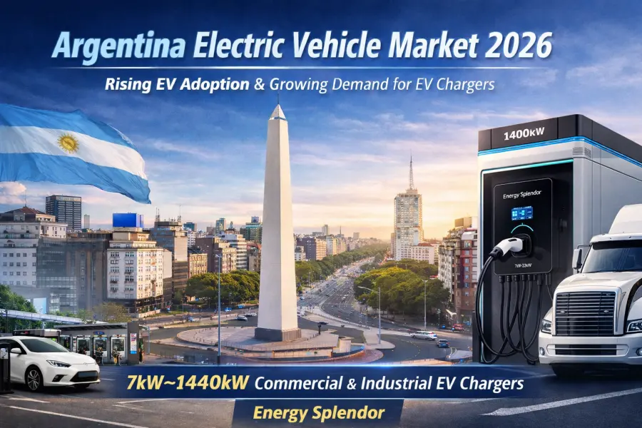 High-power commercial and industrial EV chargers in Argentina, ranging from 7kW to 1440kW, compatible with Type 1, Type 2, GB, and Tesla connectors, installed at office buildings, residential communities, and public parking areas, supplied by Energy Splendor.