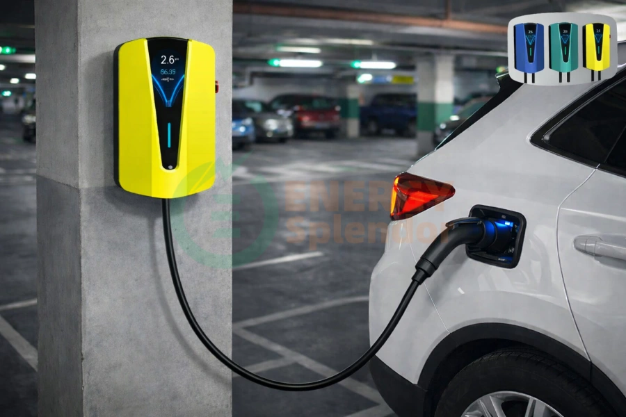 Commercial AC EV Charger 7kW, 11kW, 22kW wall-mounted EVSE, compatible with Type 1, Type 2, GB, and Tesla vehicles, wholesale factory price, custom branding and configurations available for USA, Canada, UK, Germany, France, Spain, Italy, and South American markets by Energy Splendor.