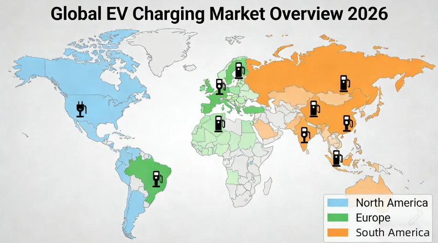 Global commercial EV charging market overview 2026 showing market size growth trends, high-power DC fast charging infrastructure expansion, fleet electrification demand, smart commercial charging networks, and B2B electric vehicle charging investment opportunities.