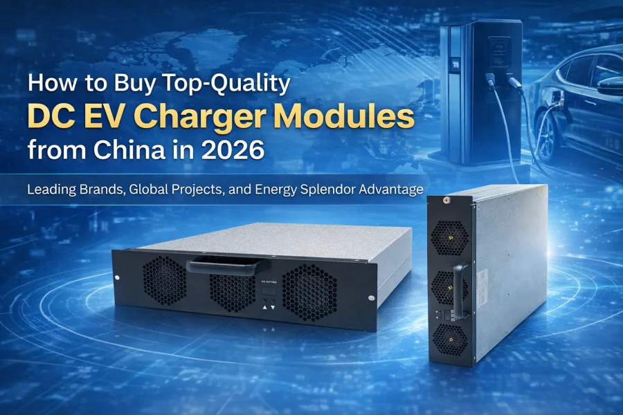 Professional banner showcasing DC EV charger modules for commercial fast charging stations, highlighting top Chinese brands and Energy Splendor solutions for global EV projects in 2026.