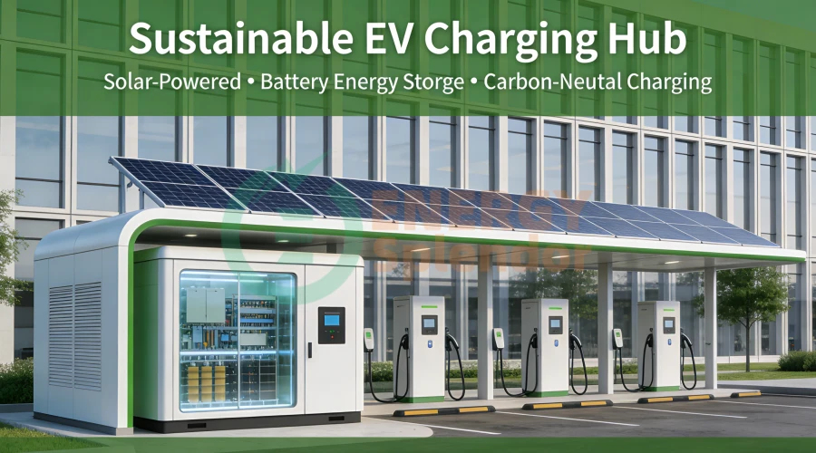Solar battery storage integrated EV charging stations for commercial microgrid energy systems featuring renewable solar power charging infrastructure, smart energy storage technology, and high-power DC fast charging solutions for B2B applications.