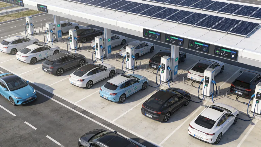 EV charging station under construction with Chinese factory-supplied chargers for commercial and fleet operators in 2026.