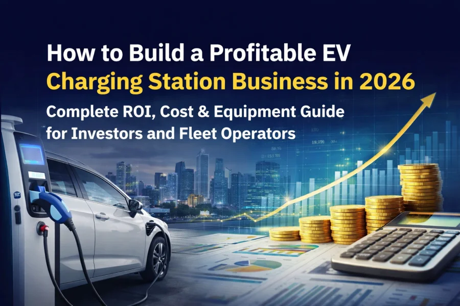 Commercial EV charging station under construction with ROI and cost analysis, featuring equipment from Chinese manufacturers for 2026 investors and fleet operators.