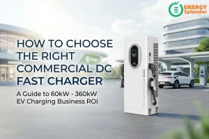 Commercial EV charging station with 60kW to 360kW DC fast chargers installed in a modern public parking area for electric vehicle fleet and highway charging applications by Energy Splendor