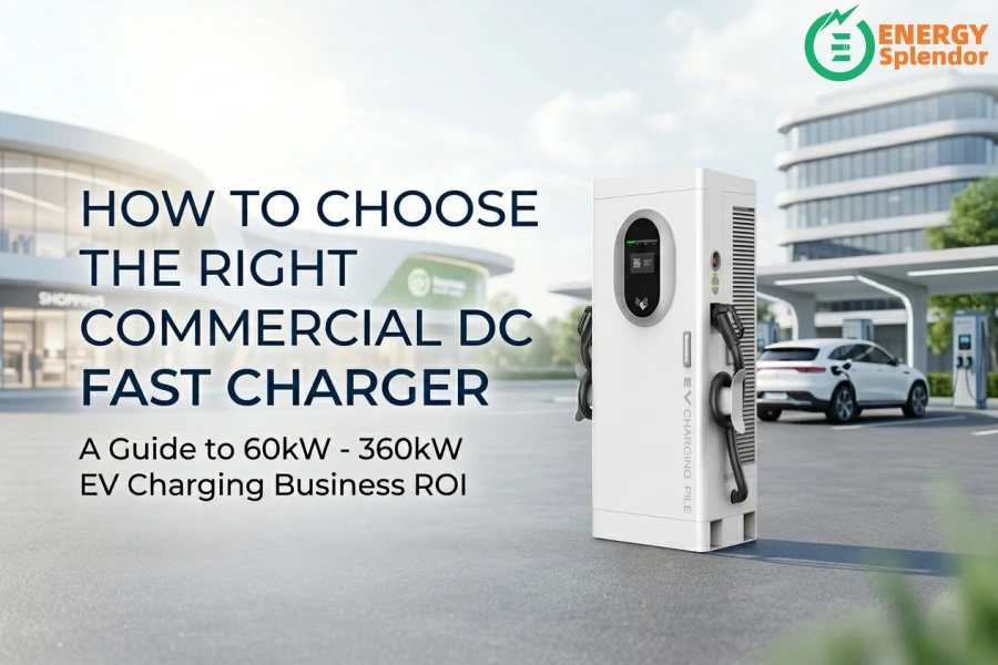 Commercial EV charging station with 60kW to 360kW DC fast chargers installed in a modern public parking area for electric vehicle fleet and highway charging applications by Energy Splendor