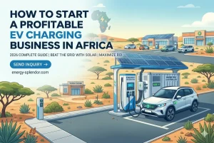 High-power EV charging station in Africa with commercial DC fast chargers and electric vehicles charging in a modern urban environment
