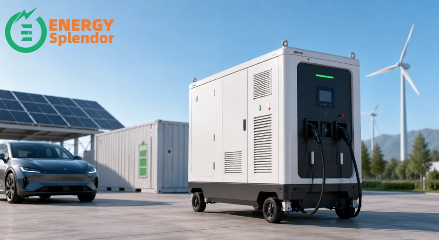 Energy storage integrated with EV fast charging station supporting grid stability, renewable energy use, and high-power electric vehicle charging for commercial infrastructure