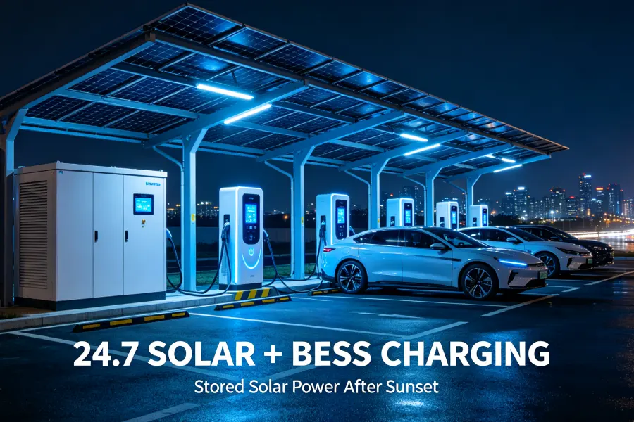 محطة شحن سريعة للسيارات الكهربائية تعمل بالتيار المستمر (DC) من طراز «24 Hour Solar Plus BESS»، مزودة بمظلة شمسية ونظام تخزين الطاقة بالبطاريات ومحطة شحن عامة للسيارات الكهربائية، مخصصة للبنية التحتية التجارية الحضرية