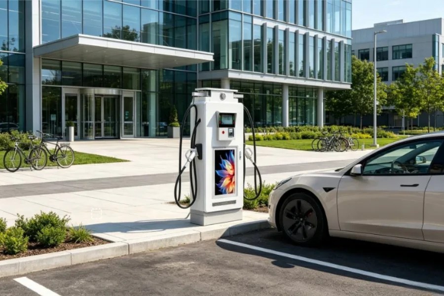 Energy Splendor commercial corporate campus with solar-powered EV charging infrastructure and integrated renewable energy system