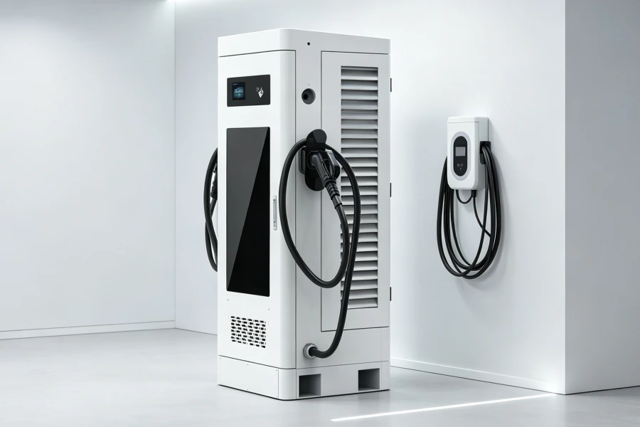 Commercial Level 3 EV Charger featuring a high power DC fast charging station with CCS1 CCS2 connectors, modular charging technology, OCPP intelligent communication, and scalable EV charging infrastructure solution manufactured by Energy Splendor for commercial fleets, public charging networks, and business applications in global markets including USA, Germany, Australia, Brazil, and Chile