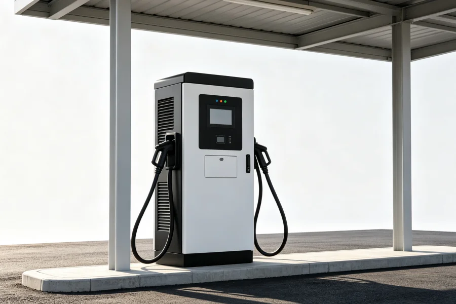 Floor-mounted dual-port DC fast charging station installed under an open-air metal canopy on a concrete foundation platform for commercial EV charging infrastructure