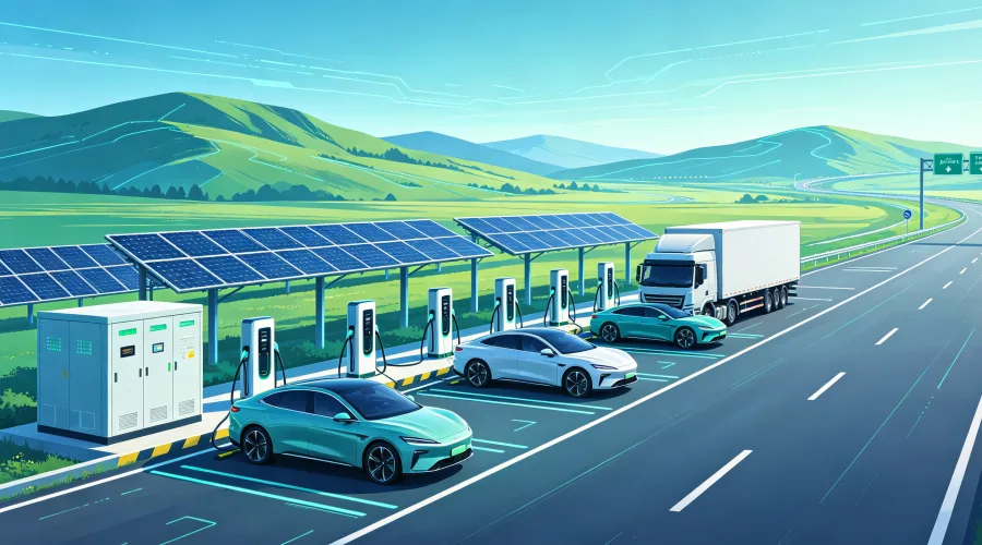 Highway Roadside Solar PV Supported DC Fast EV Charging Station with Containerized BESS, EMS and 60–480 kW+ EV Chargers for Commercial Fleets and Passenger Electric Vehicles