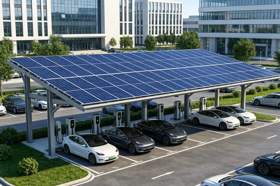 Hybrid AC and DC fast charging solar carport system with photovoltaic canopy and integrated EV charging stations for shopping malls, retail centers, commercial public parking lots and high-demand electric vehicle charging applications by Energy Splendor.