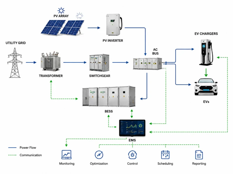 Integrated Solar PV, BESS, Grid, EMS and EV Charging Infrastructure with Transformer and Switchgear