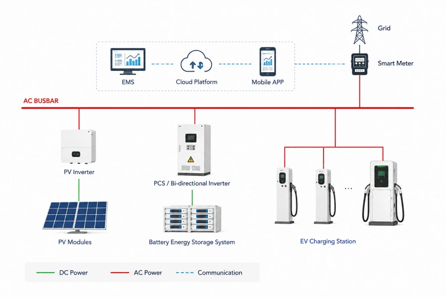 Integrated Solar PV, Battery Energy Storage and EV Charging System Architecture with EMS, PCS, BESS, EV Chargers and Grid Connection for Commercial Energy Management by Energy Splendor