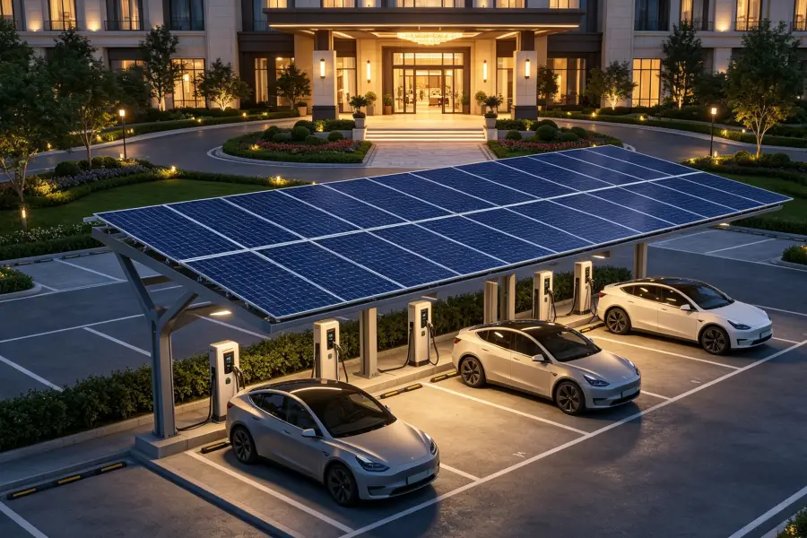 Large-scale solar PV carport with high-power DC fast chargers, extensive photovoltaic canopy and integrated electric vehicle charging infrastructure for logistics depots, delivery vans, corporate electric fleets, commercial fleet parking and high-demand EV charging operations by Energy Splendor.