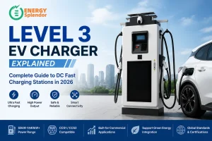 Level 3 EV Charger explained with a complete guide to DC fast charging stations in 2026, featuring commercial high power EV charging equipment with CCS1 CCS2 connectors, intelligent charging management, modular power technology, and Energy Splendor advanced EV charging solutions for global electric vehicle infrastructure markets