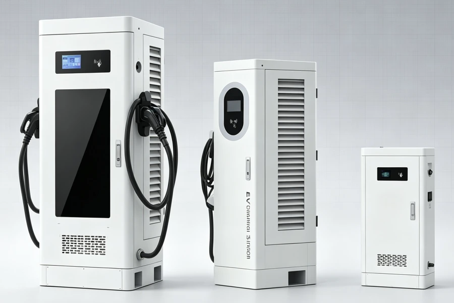 Multiple Level 3 DC Fast Chargers showing scalable EV charging solutions for commercial infrastructure projects, featuring high power charging equipment with CCS1 CCS2 connectors, modular power cabinets, intelligent energy management, OCPP communication, and Energy Splendor EV charging systems designed for fleets, public networks, and large-scale electric vehicle infrastructure worldwide