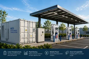 Outdoor solar BESS energy storage and EV fast charging station with photovoltaic canopy for commercial fleet charging infrastructure