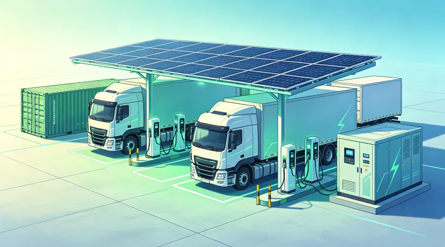 Renewable Energy Heavy-Duty Electric Truck Charging Depot with Solar Carport, Containerized BESS, EMS and 240–960 kW+ High-Power DC Fast Charging for Highway Logistics Fleets