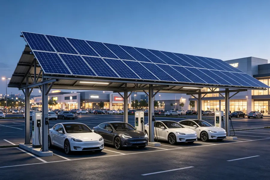 Single-slope solar PV carport with integrated AC EV chargers and photovoltaic panel canopy for office buildings, corporate workplaces, employee parking, business campuses and commercial workplace electric vehicle charging infrastructure by Energy Splendor.