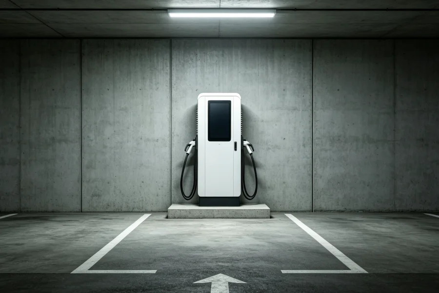 Single white dual-gun DC fast EV charger mounted against a concrete wall in an underground parking garage with a marked EV parking space