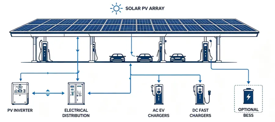 Solar PV carport integrated EV charging system with optional battery energy storage BESS, photovoltaic charging station solution for commercial parking, workplace, fleet and public EV charging applications by Energy Splendor.