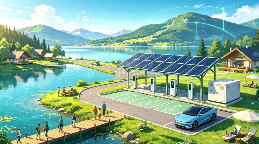 Solar-Powered Off-Grid EV Charging Microgrid Station for Lakeside Tourist Resorts with PV Carport, 50–300 kWp+ Solar PV, 100–800 kWh+ BESS and 60–240 kW+ DC Fast EV Charging