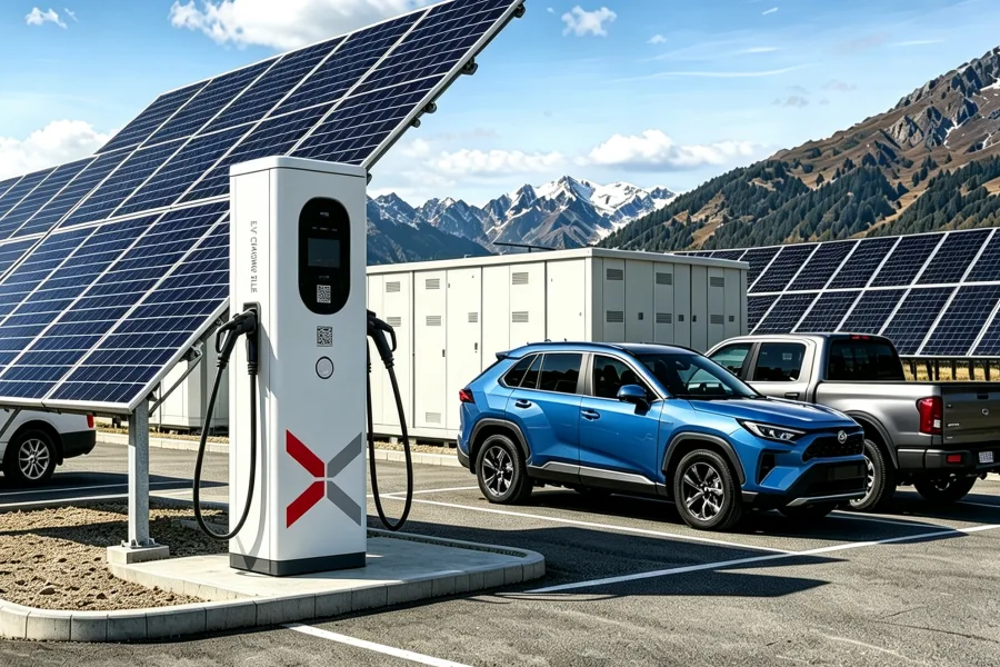 Energy Splendor standalone off-grid solar EV charging plaza powered by solar PV and battery energy storage