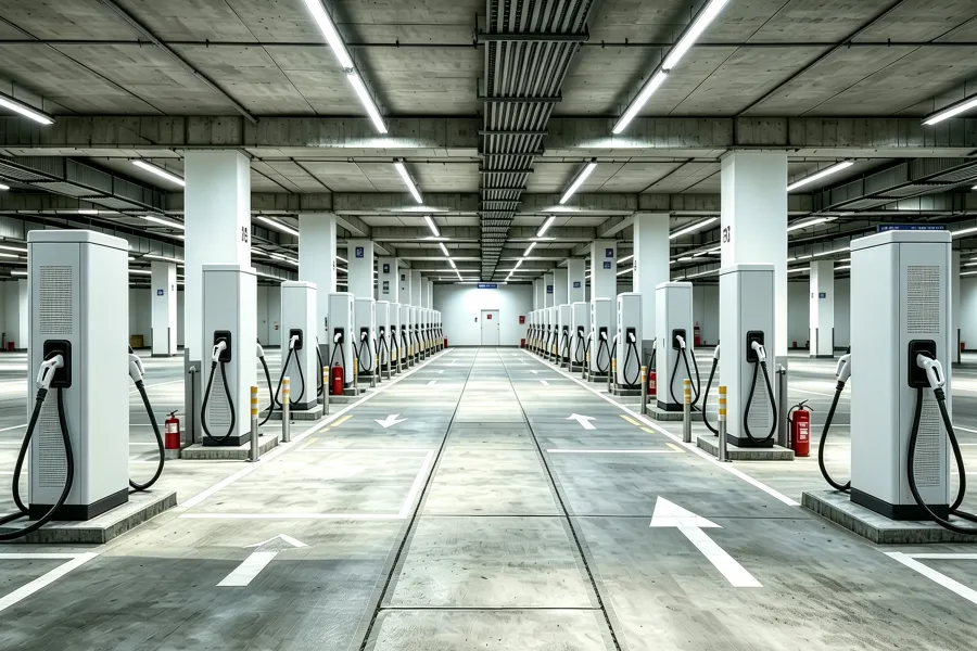 Wide-angle view of a large-scale underground EV charging depot with multiple rows of floor-standing DC fast chargers in a public parking garage