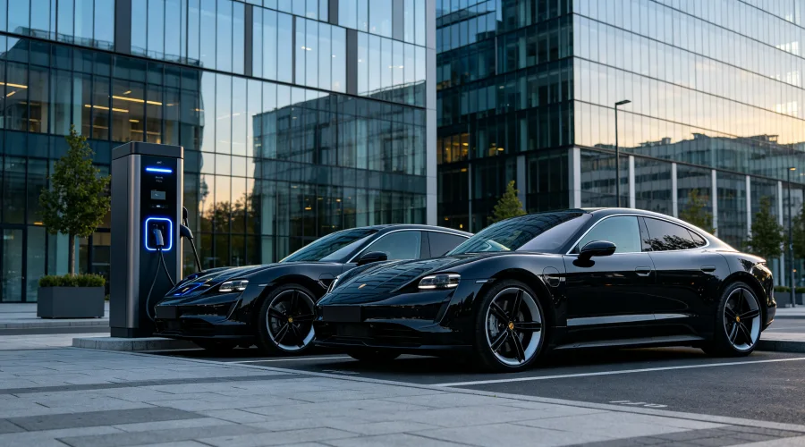 Alt Text Commercial EV charging infrastructure for public parking with 120kW to 350kW DC fast chargers, dual charging connectors, multiple EV charging bays, and urban fleet charging applications