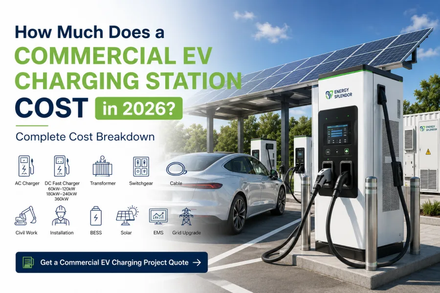 Alt Text Commercial EV charging station cost in 2026 with 60kW to 1440kW DC fast chargers, multiple EV charging bays, high-power charging infrastructure, transformer, switchgear, and energy management system