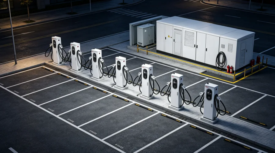 Commercial EV charging station electrical infrastructure with medium-voltage transformer, main switchgear, power distribution equipment, and 60kW to 1440kW DC fast charging systems