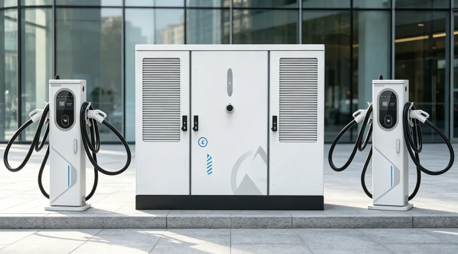 Commercial EV charging station with battery energy storage system, PCS, EMS, and 60kW to 1440kW DC fast chargers for high-power commercial EV charging infrastructure