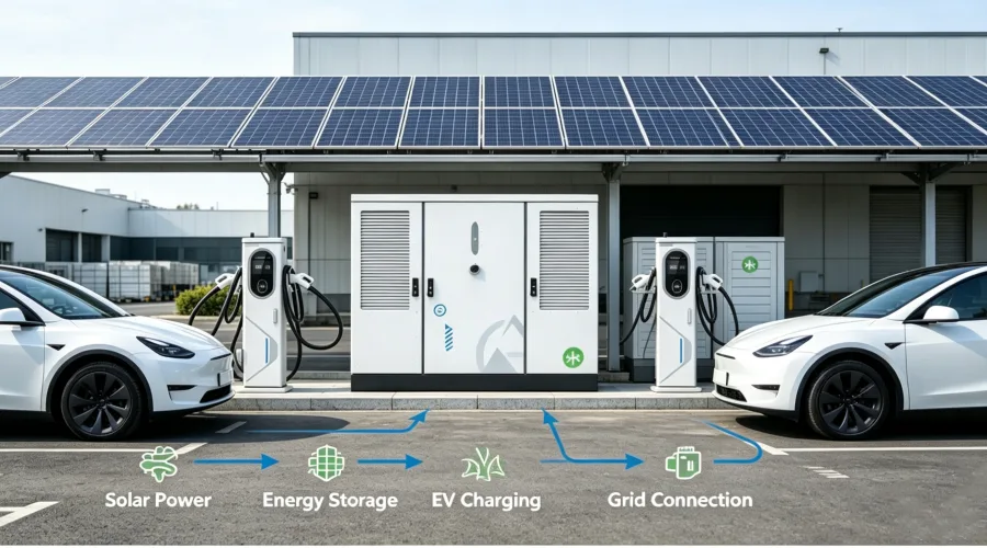 Commercial solar EV charging station with solar canopy, battery energy storage system, grid connection, EMS, and 60kW to 1440kW DC fast chargers
