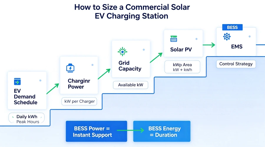 Commercial solar EV charging station block diagram with Solar PV, BESS, EMS, PCS, grid connection, transformer and 60kW–360kW+ DC fast charging infrastructure