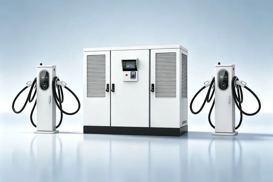 Commercial solar EV charging station with integrated ESS battery energy storage and 60kW–360kW+ DC fast charger system for commercial fleet charging